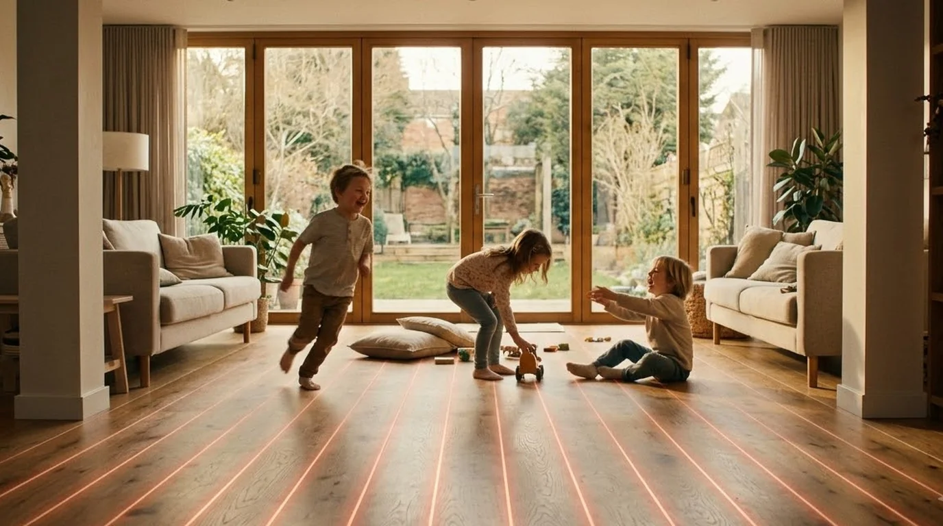 Children playing on a warm wooden floor at home