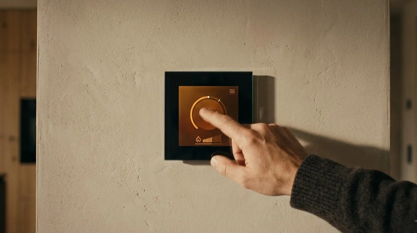 Hand adjusting a heating control panel for underfloor comfort
