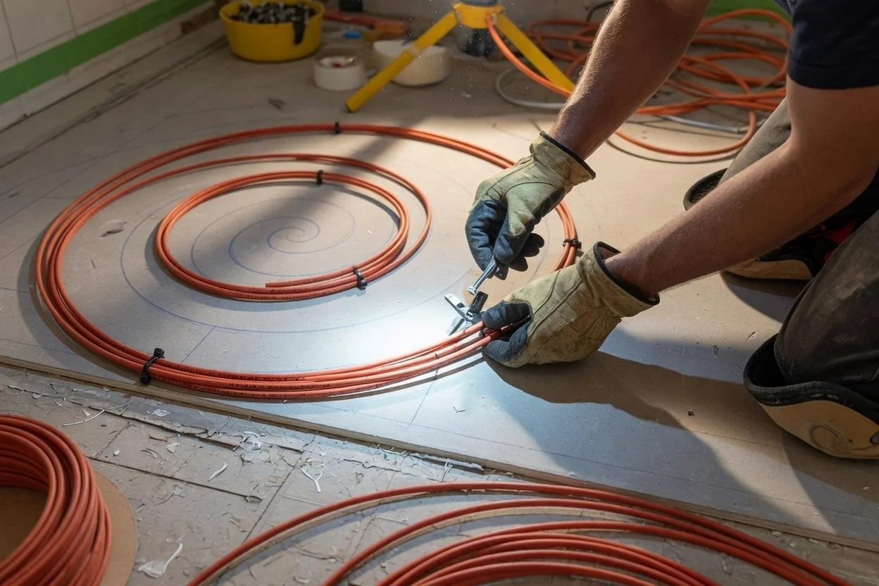 Technician securing bathroom heating cable
