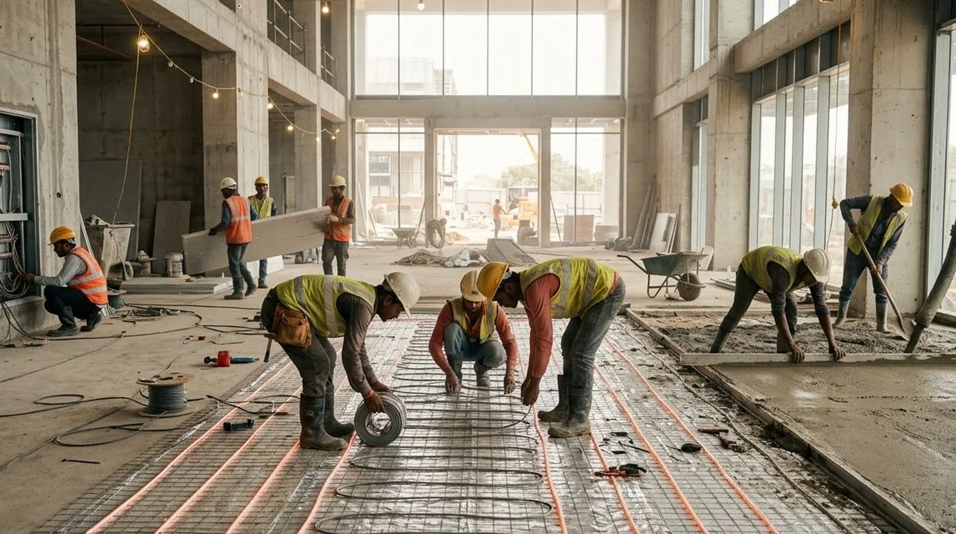 Workers laying heating cable on installation strips